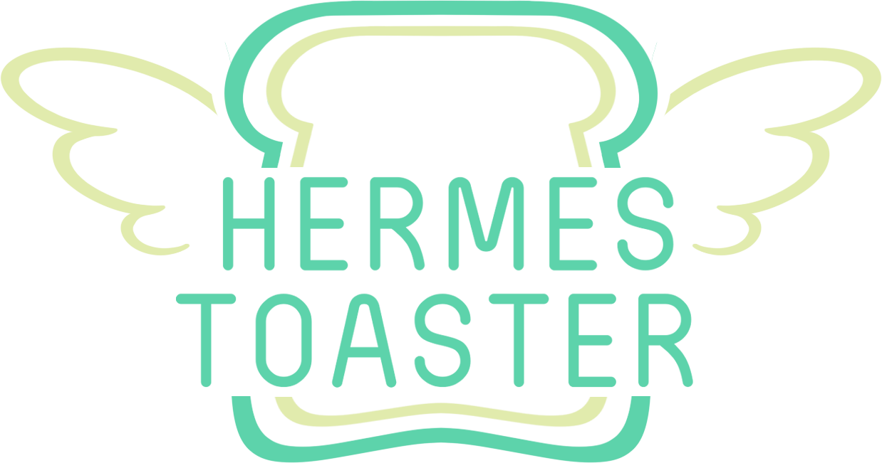 a logo of a piece of toast with wings, inside the bread is the words Hermes Toaster